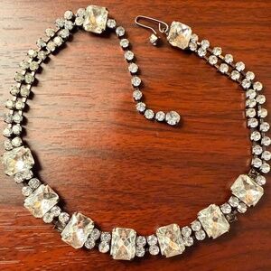 Vintage Rhinestone Statement Necklace Large Faceted Crystal Silver Tone Glam Ret